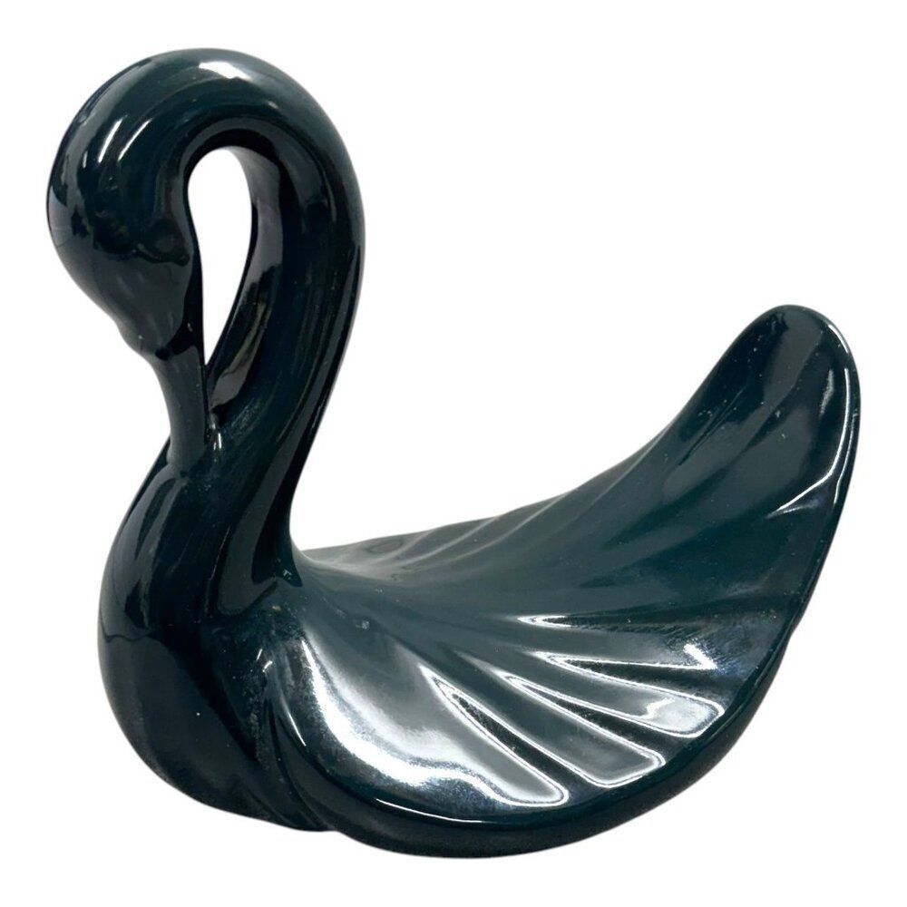 Vintage Ceramic Swan Figurine Dark Green Glaze 6" Towel Soap Washcloth Holder
